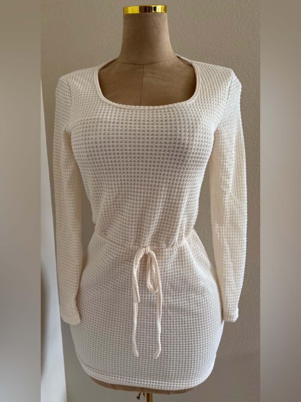 Cream Waffle-Knit Long Sleeve Tie-Waist Tunic
